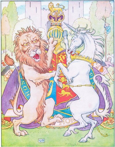 Der Löwe und das Einhorn kämpften um die Krone (Farblithographie) von Leonard Leslie Brooke