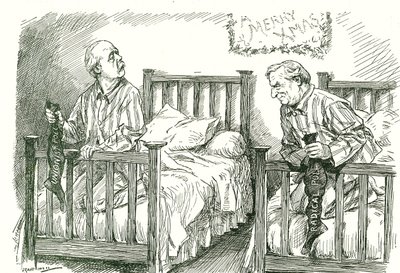 Arthur Balfour, Konservativer, und Herbert Asquith, Liberaler, mit ihren Weihnachtsstrümpfen. Bei den Parlamentswahlen im Dezember 1910 hatte keiner eine absolute Mehrheit. Asquith konnte eine Regierung in Koalition mit der Irish National Party bilden. Leo von Leonard Raven Hill