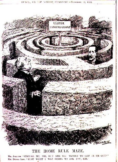 Das Home Rule Labyrinth. Mr. Asquith: "Entschuldigen Sie, Sir, aber versuchen Sie hinein oder hinaus zu kommen?" Mr. Bonar Law: "Genau das wollte ich Sie fragen, Sir" aus 