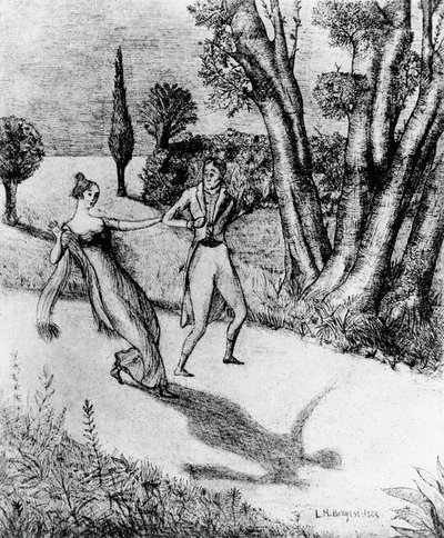 Peter, der furchterregende schattenlose Mann, Illustration für Peter Schlemihls wundersame Geschichte, Novelle von Adalbert von Chamisso, Lithographie nach einem Gemälde von Leonardo Borgese, veröffentlicht von Modiano von Leonardo Borgese