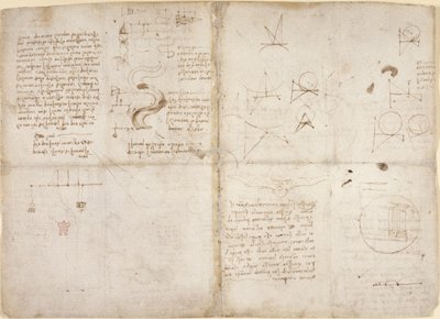 Notizen und Diagramme zur Mechanik; Notizen und schematische Skizzen zu Flussläufen und Wasserströmungen aus dem 