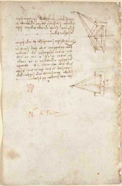 Arundel 263, f.93v Notizen und schematische Skizze zur Optik; Notiz 