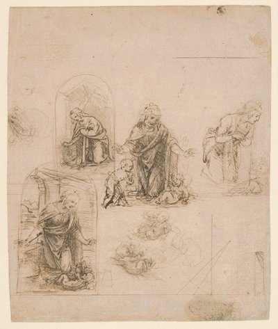 Kompositionsskizzen für die Jungfrau, die das Christkind anbetet, mit und ohne den kleinen Johannes den Täufer; Diagramm einer perspektivischen Projektion (recto); Leichte Kritzeleien (verso) von Leonardo da Vinci