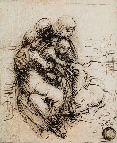 Erste Idee für die Madonna mit Kind und der heiligen Anna; Zeichnung von Leonardo da Vinci. Gallerie dell