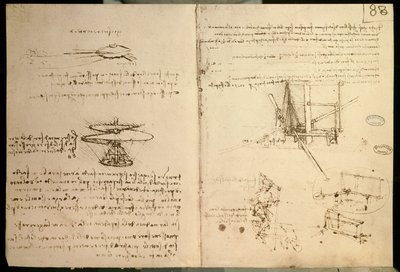 Flugmaschinen, eine der ersten Zeichnungen einer hubschrauberähnlichen Flugmaschine, ca. 1487 von Leonardo da Vinci
