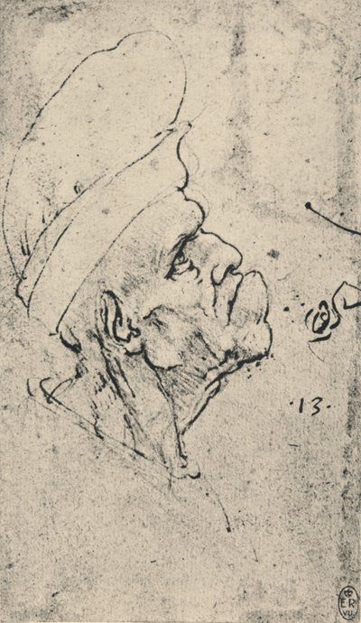 Groteskes Profil eines Mannes mit Hut nach rechts, ca. 1480 von Leonardo da Vinci