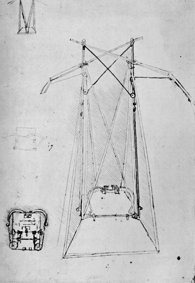 Studie des Antriebsapparats einer Flugmaschine mit Grundriss des Mechanismus der Basis, 1928 von Leonardo da Vinci