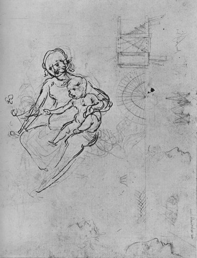 Studie einer Madonna und eines Kindes, Profile und Maschinen, 1478-1480 von Leonardo da Vinci