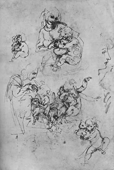 Zwei Studien der Madonna und des Kindes mit einer Katze und drei Studien des Kindes, 1475-1481 von Leonardo da Vinci