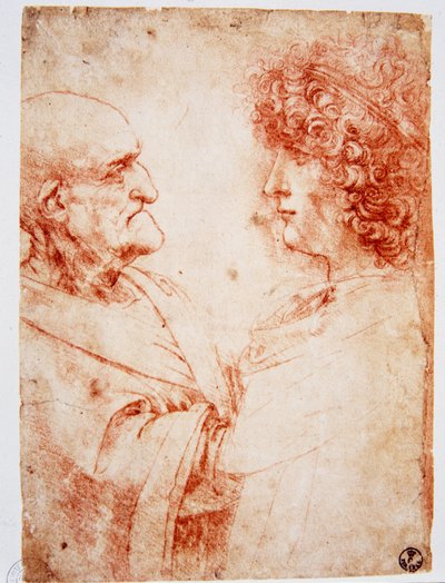 Zwei Männerprofile, ein alter Mann und ein junger Mann. Der junge Mann stellt Gian Giacomo Caprotti dar, bekannt als Andrea Salai oder Salaij (circa 1480-1524), Leonardos Schüler und Liebhaber. Zeichnung in Rötel von Leonardo da Vinci (Leonard de Vinci) (1 von Leonardo da Vinci