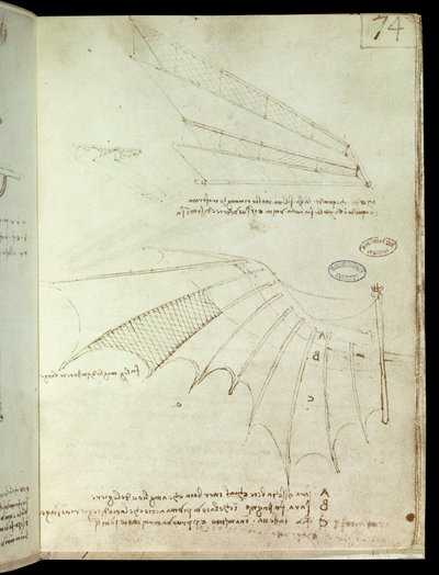 Flügel. Flugmaschinenzeichnung. Manuskript von Leonardo da Vinci von Leonardo da Vinci