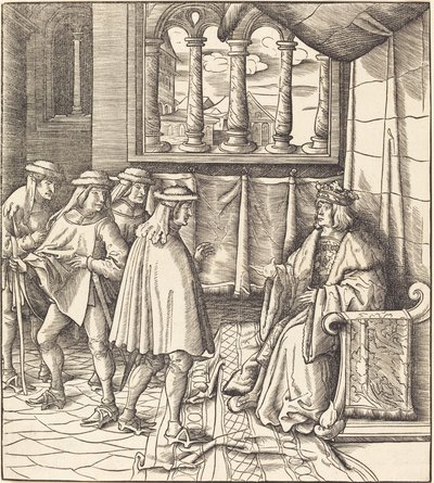 Ein König auf einem Thron, vor ihm vier Männer von Leonhard Beck