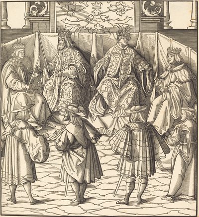 Versammlung von vier Königen, im Vordergrund vier Männer von Leonhard Beck