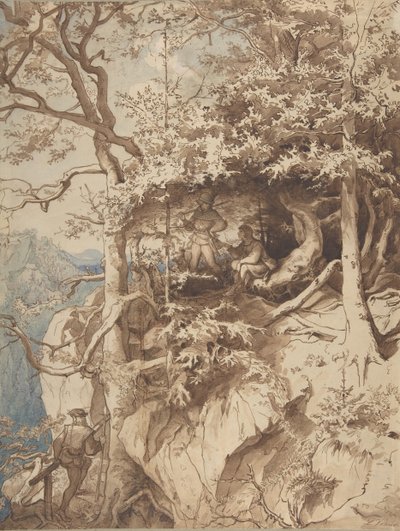 Jäger auf einem Aussichtspunkt auf einem Berg, ca. 1870 von Leopold Venus