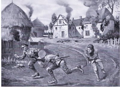 Sergeant Cooper und zwei Kameraden rennen unter feindlichem Feuer davon, nachdem sie ein Bauernhaus und mehrere Heuhaufen in Brand gesetzt haben von Leslie Mosley