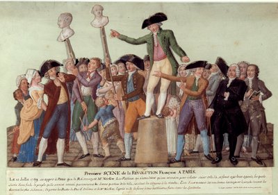 Erste Szene der Französischen Revolution in Paris: Am 12.07.1789, nach der Entlassung von Jacques Necker durch den König, rief Camille Desmoulins die Menge im Palais Royal zur Revolte gegen die Regierung auf. Die Büsten von Jacques Necker und Louis Phil von Lesueur Brothers