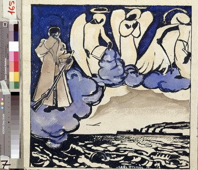 Der Krieg. Russland. 1914. Allegorie des Ersten Weltkriegs. Ein Soldat und Engel. Feder und Gouache von Lew Bruni (1894-1948) von Lev Aleksandrovitc Bruni