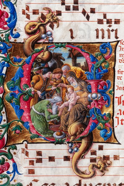 Piccolomini-Bibliothek: Chorbuch, cod. 19.4, ff. 9v mit „Anbetung der Heiligen Drei Könige“, von Liberale da Verona (ca. 1445 - 1527/9) (Detail) von Liberale da Verona