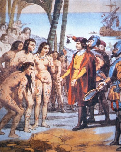 Christoph Kolumbus landet 1492 in der Neuen Welt und wird von Taino-Indianern begrüßt von Unbekannt Unbekannt