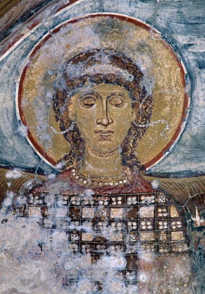 Fresko mit Heiligem in der byzantinischen Kirche Agios Georgios, Vathi, Kreta, Griechenland von Unbekannt Unbekannt