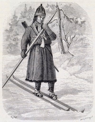 Lars Tuorda, lappländischer Athlet, der 1884 den von Adolf Erick Nordenskjold organisierten Langlaufwettbewerb gewinnt, Tuschezeichnung von Unbekannt Unbekannt