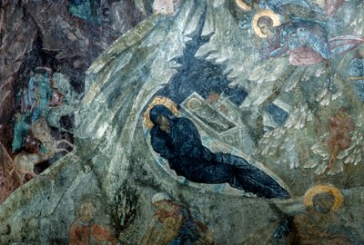 Geburt Christi, Fresko im Kloster Panagia Perivleptos, byzantinische Stadt Mystras (UNESCO-Welterbeliste) von Unbekannt Unbekannt