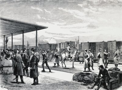 Russischer Militärkonvoi im Bahnhof Bustiu, auf der Strecke Bukarest-Galati, Russisch-Türkischer Krieg, Gravur, Rumänien von Unbekannt Unbekannt