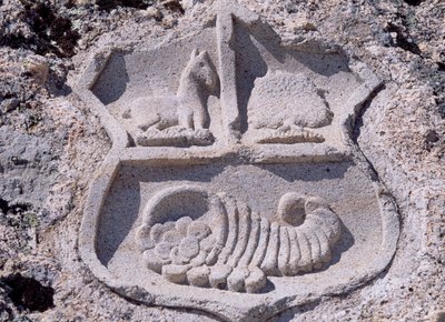Spanien, Kastilien und León, Mombeltrán, Schloss der Herzöge von Albuquerque, Architektonisches Detail mit Wappen von Unbekannt Unbekannt