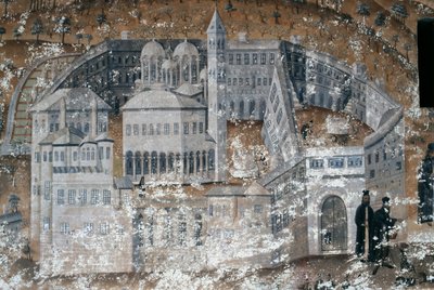 Ansicht des Klosters, Fresko im Kloster Ikosifinissis, nahe Serres, Griechenland von Unbekannt Unbekannt