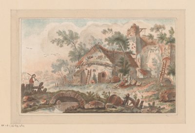 Haus vor einem baufälligen Stadttor, im Vordergrund ein Mann auf einer Brücke von Liger (attributed to)