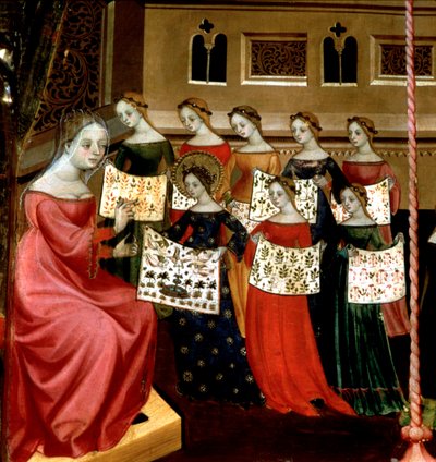 Die Jungfrau Maria zeigt ihren Klassenkameraden Stickmustertücher ihrer Lehrerin, Detail vom Altarbild der Jungfrau und des Heiligen Georg, ca. 1390-1400 von Lluís Borrassà