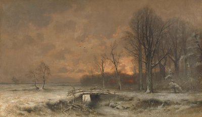 Winterszene mit der untergehenden Sonne hinter Bäumen von Lodewijk Frederik Hendrik (1850-1936) Apol