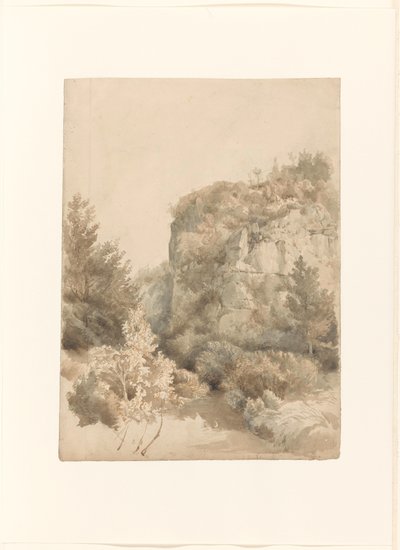 Bewachsenes Tal mit hohem Felsen und einem Bach von Lodewijk Johannes Kleijn