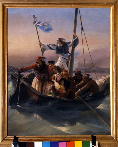 Griechen auf einem Schiff Allegorie Griechenlands auf dem Weg zur Unabhängigkeit nach der osmanischen Herrschaft und dem griechischen Unabhängigkeitskrieg (1821-1830) oder der griechischen Revolution. Gemälde von Ludovico Lipparini (1800-1856) 1848 Verona von Lodovico Lipparini