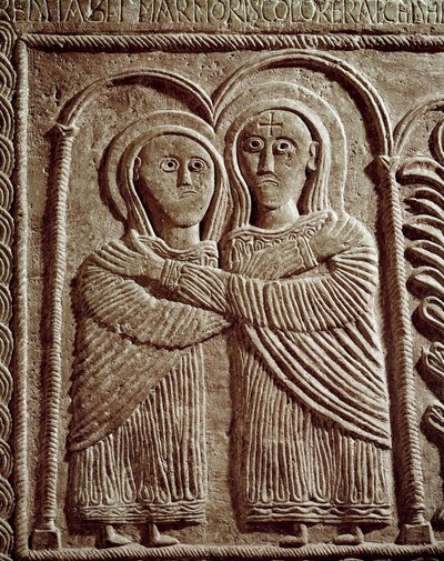 Archäologie des Mittelalters. Barbarische Kunst der Lombardei: Heimsuchung, Heilige Elisabeth und Heilige Maria. Skulptur, lombardische Kunst von Lombard School