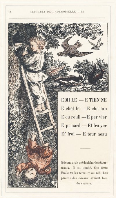 Emile, Etienne, Echelle, Echelon, Eichhörnchen, Spatz, Spinat, Vogelscheuche, Farry, Stourneau, Seite 18 - Alphabet von Mademoiselle Lili, von L. Froelich und von einem Vater (Hetzel selbst). Bibliotheque & Magasin d