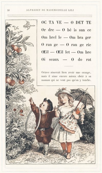 Oktave, Odette, Ordnung, Gehorsam, Regenschirm, Schatten, Orange, Orangerie, Auge, Nelke, Schatten, Vögel, Geruch, Seite 28 - Alphabet von Mademoiselle Lili, von L. Froelich und einem Vater (Hetzel selbst). Bibliotheque & Magasin d
