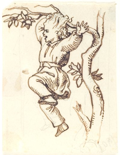 Junge, der an einem Ast in einem Baum hängt von Lorenz Frølich