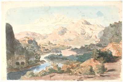Italienische Bergszene mit Fluss und einem Gebäude links von Lorenz Frølich