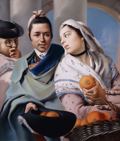 Ein Mädchen in einem rosa Kleid und einem weißen Schal bietet einem Herrn in einem grünen Umhang, der einen Dreispitz hält, Orangen an, beobachtet von einem Herrn mit einem Monokel von Lorenzo Baldissera Tiepolo
