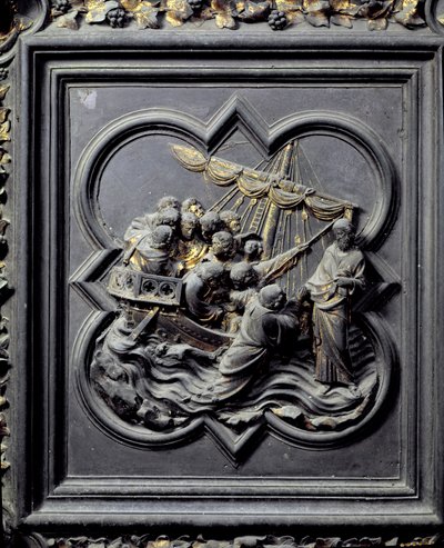 Jesus geht auf dem Wasser und rettet Petrus, achtes Panel der Nordtüren des Baptisteriums von San Giovanni, 1403-24 (Bronze) von Lorenzo Ghiberti