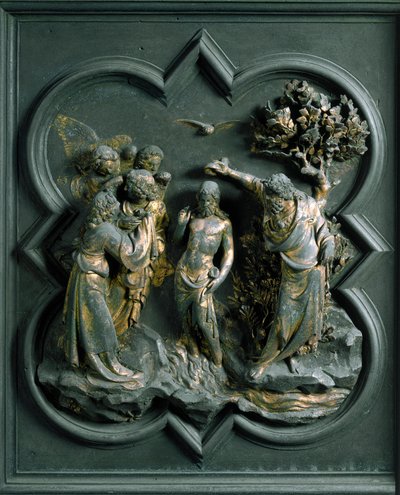 Nordtor (genannt das Kreuztor, im Norden), äußeres Detail: Die Taufe Christi von Lorenzo Ghiberti