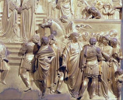 Das Treffen von König Salomo und der Königin von Saba, Detail der Begleiter, von der Originaltafel der Osttüren des Baptisteriums, 1425-52 (nach Restaurierung) von Lorenzo Ghiberti
