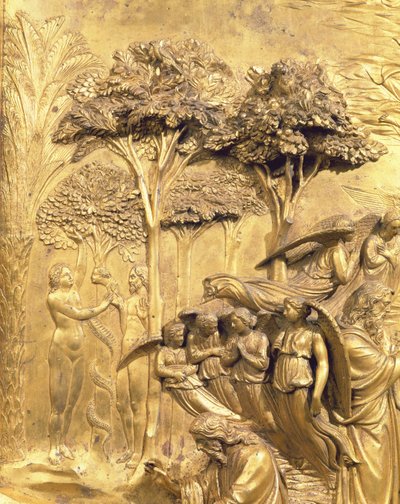 Die Geschichte von Adam, Detail der Versuchung von Adam und Eva, von einem der Originaltafeln der Osttüren des Baptisteriums, 1425-52 (nach Restaurierung) von Lorenzo Ghiberti