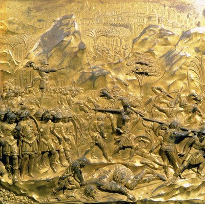 Die Geschichte von David und Goliath, Originaltafel der Osttüren des Baptisteriums, 1425-52 (vergoldete Bronze) (nach der Restaurierung) von Lorenzo Ghiberti