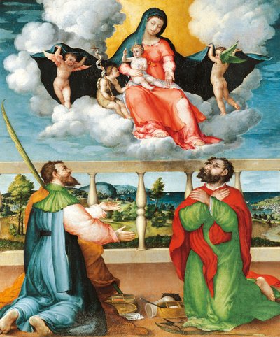 Madonna in Herrlichkeit mit den Heiligen Cosmas und Damian in Anbetung von Lorenzo Lotto