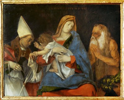 Madonna mit Kind, ein heiliger Bischof und der Einsiedler Heiliger Onofrio von Lorenzo Lotto