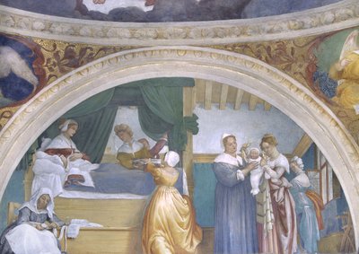 Geburt der Jungfrau, Lünette aus der Lotto-Kapelle, 1525 von Lorenzo Lotto