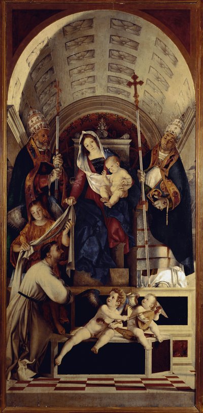 Die Jungfrau und das Kind mit der heiligen Dominica, dem heiligen Gregor und dem heiligen Urban - Zentralteil des Recanati-Polyptychons von Lorenzo Lotto