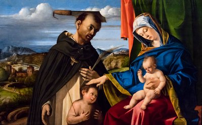 Jungfrau und Kind, Johannes der Täufer als Kind und Heiliger Petrus der Märtyrer von Lorenzo Lotto